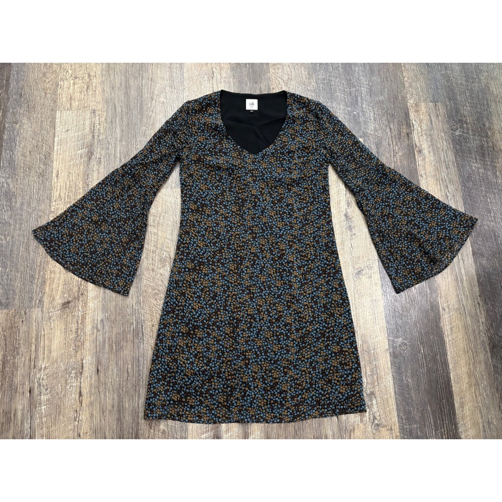 Cabi Floral Bell Sleeve Mini Dress V-Neck Boho Blue Tan Style 3648 XXS